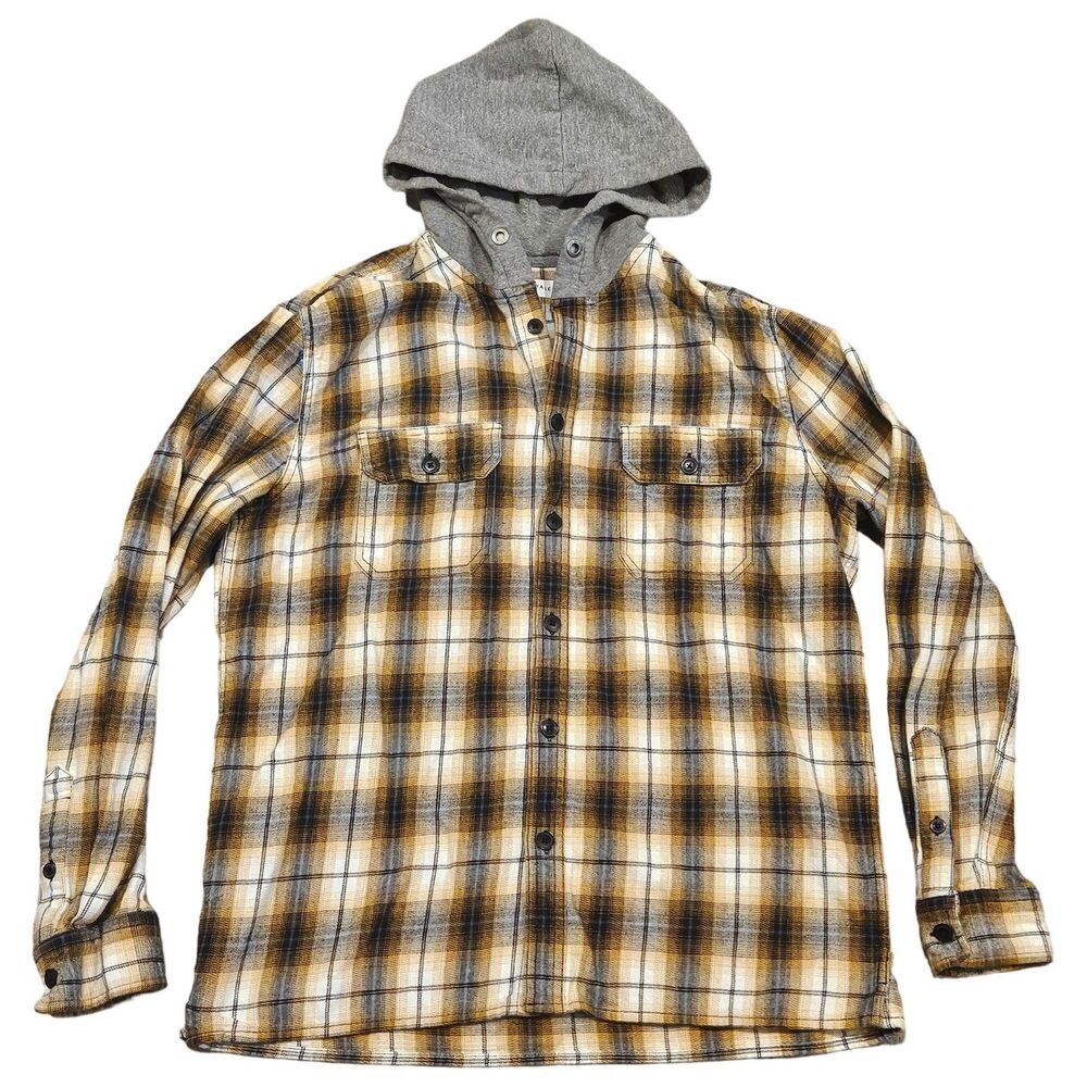 Aeropostle Men's Long Sleeve Hooded Flannel Plaid Shirt Size Medium Brown Gold